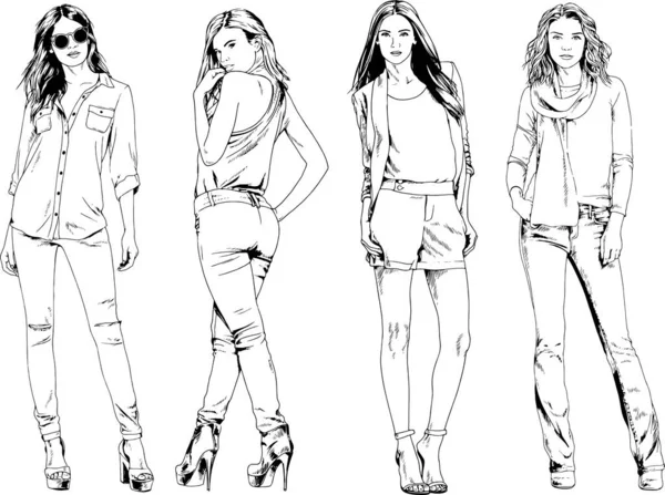 Dibujos Vectoriales Sobre Tema Hermosa Chica Deportiva Delgada Ropa Casual — Vector de stock