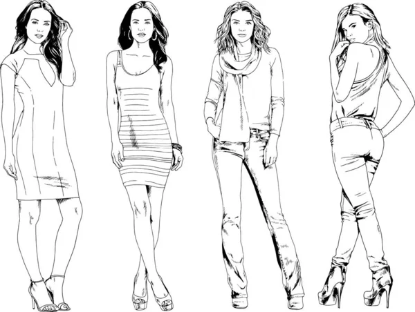 Vector Drawings Theme Beautiful Slim Sporty Girl Casual Clothes Various — Stock Vector