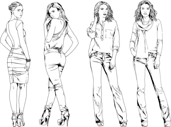 Dibujos Vectoriales Sobre Tema Hermosa Chica Deportiva Delgada Ropa Casual — Vector de stock