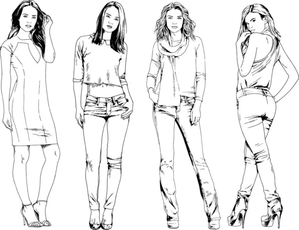 Desenhos Vetoriais Sobre Tema Menina Desportiva Magro Bonita Roupas Casuais —  Vetores de Stock