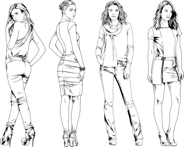 Dibujos Vectoriales Sobre Tema Hermosa Chica Deportiva Delgada Ropa Casual — Vector de stock