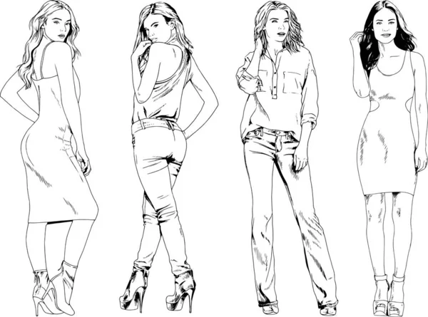 Dibujos Vectoriales Sobre Tema Hermosa Chica Deportiva Delgada Ropa Casual — Vector de stock