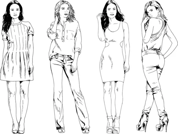 Dibujos Vectoriales Sobre Tema Hermosa Chica Deportiva Delgada Ropa Casual — Vector de stock