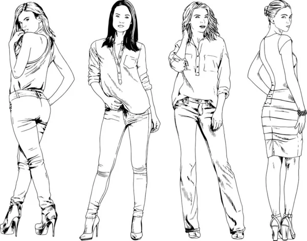 Dibujos Vectoriales Sobre Tema Hermosa Chica Deportiva Delgada Ropa Casual — Vector de stock