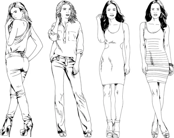 Desenhos Vetoriais Sobre Tema Menina Desportiva Magro Bonita Roupas Casuais —  Vetores de Stock