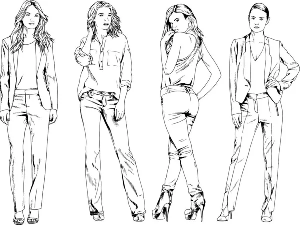 Dibujos Vectoriales Sobre Tema Hermosa Chica Deportiva Delgada Ropa Casual — Vector de stock