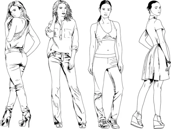 Dibujos Vectoriales Sobre Tema Hermosa Chica Deportiva Delgada Ropa Casual — Vector de stock