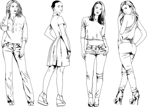 Desenhos Vetoriais Sobre Tema Menina Desportiva Magro Bonita Roupas Casuais —  Vetores de Stock