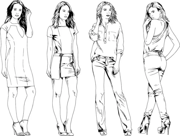 Dibujos Vectoriales Sobre Tema Hermosa Chica Deportiva Delgada Ropa Casual — Vector de stock