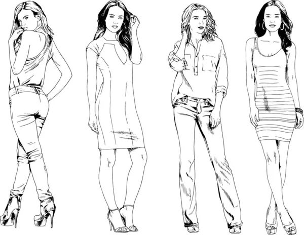 Dibujos Vectoriales Sobre Tema Hermosa Chica Deportiva Delgada Ropa Casual — Vector de stock