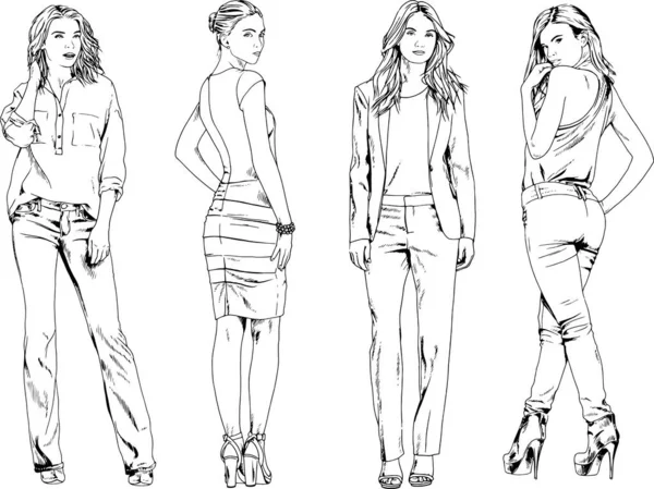 Desenhos Vetoriais Sobre Tema Menina Desportiva Magro Bonita Roupas Casuais — Vetor de Stock