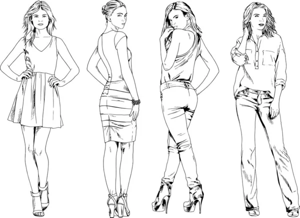 Dibujos Vectoriales Sobre Tema Hermosa Chica Deportiva Delgada Ropa Casual — Vector de stock