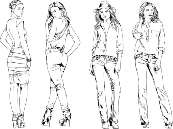 Dibujos Vectoriales Sobre Tema Hermosa Chica Deportiva Delgada Ropa Casual — Vector de stock