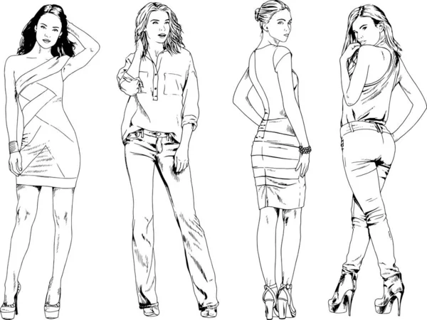 Desenhos Vetoriais Sobre Tema Menina Desportiva Magro Bonita Roupas Casuais — Vetor de Stock