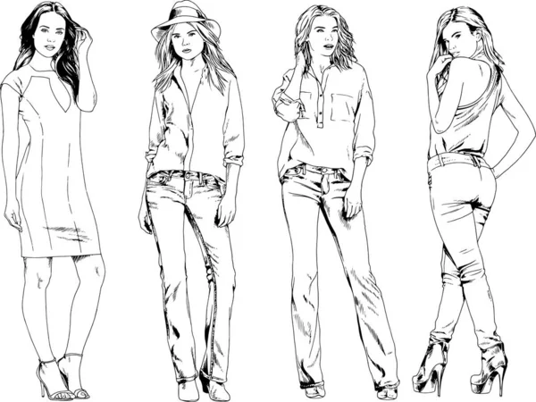 Dibujos Vectoriales Sobre Tema Hermosa Chica Deportiva Delgada Ropa Casual — Vector de stock