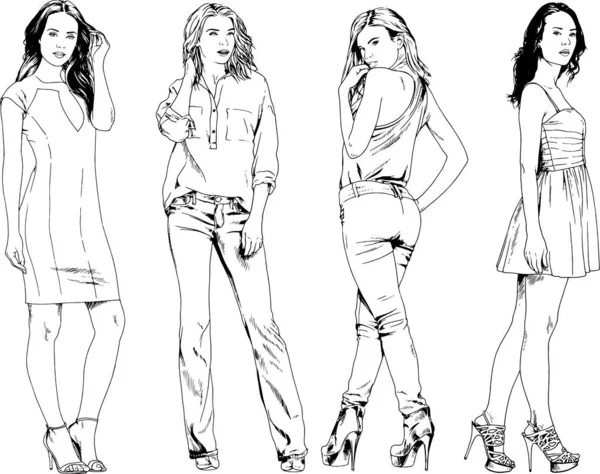 Desenhos Vetoriais Sobre Tema Menina Desportiva Magro Bonita Roupas Casuais —  Vetores de Stock