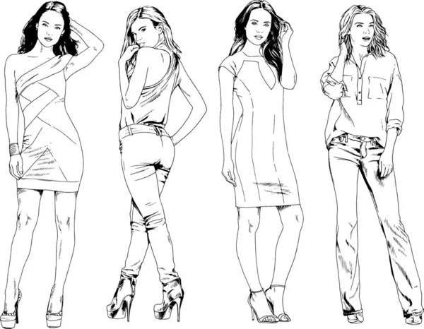 Dibujos Vectoriales Sobre Tema Hermosa Chica Deportiva Delgada Ropa Casual — Vector de stock