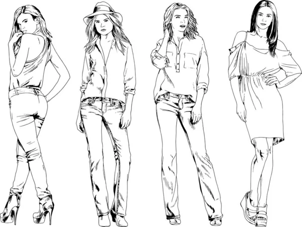 Dibujos Vectoriales Sobre Tema Hermosa Chica Deportiva Delgada Ropa Casual — Vector de stock