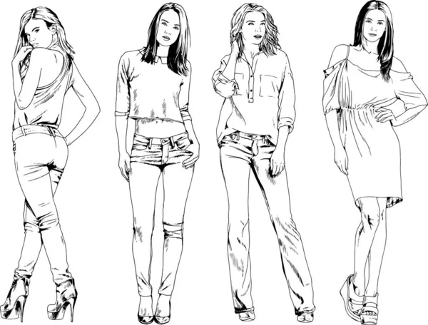 Dibujos Vectoriales Sobre Tema Hermosa Chica Deportiva Delgada Ropa Casual — Vector de stock