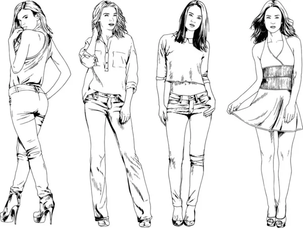 Dibujos Vectoriales Sobre Tema Hermosa Chica Deportiva Delgada Ropa Casual — Vector de stock