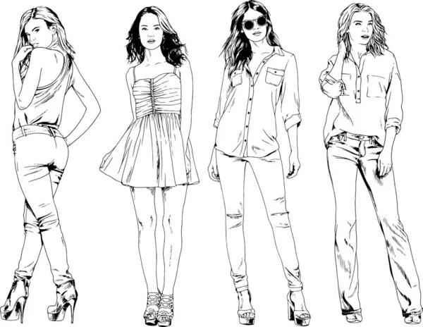 Desenhos Vetoriais Sobre Tema Menina Desportiva Magro Bonita Roupas Casuais —  Vetores de Stock