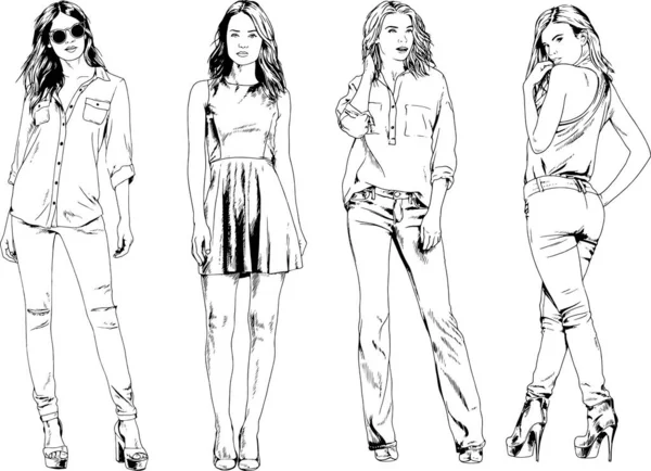 Desenhos Vetoriais Sobre Tema Menina Desportiva Magro Bonita Roupas Casuais —  Vetores de Stock