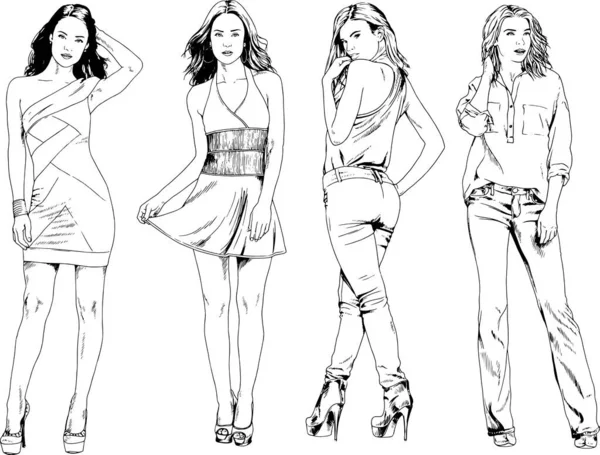 Dibujos Vectoriales Sobre Tema Hermosa Chica Deportiva Delgada Ropa Casual — Vector de stock