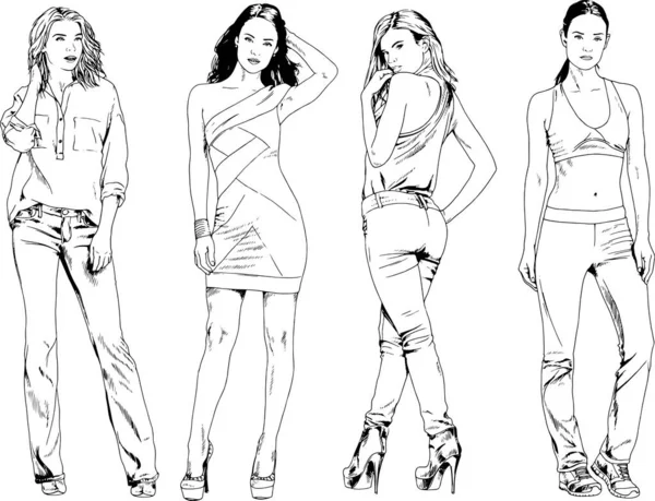 Dibujos Vectoriales Sobre Tema Hermosa Chica Deportiva Delgada Ropa Casual — Archivo Imágenes Vectoriales