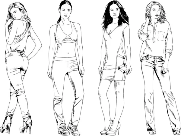 Desenhos Vetoriais Sobre Tema Menina Desportiva Magro Bonita Roupas Casuais — Vetor de Stock