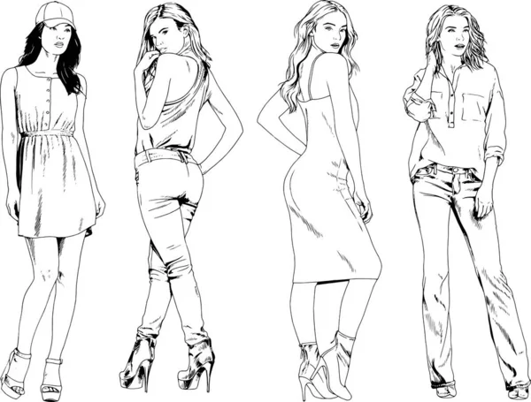 Dibujos Vectoriales Sobre Tema Hermosa Chica Deportiva Delgada Ropa Casual — Archivo Imágenes Vectoriales