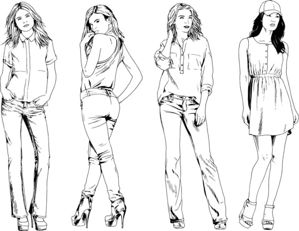 Dibujos Vectoriales Sobre Tema Hermosa Chica Deportiva Delgada Ropa Casual — Vector de stock