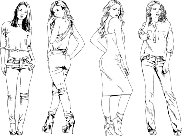 Desenhos Vetoriais Sobre Tema Menina Desportiva Magro Bonita Roupas Casuais —  Vetores de Stock