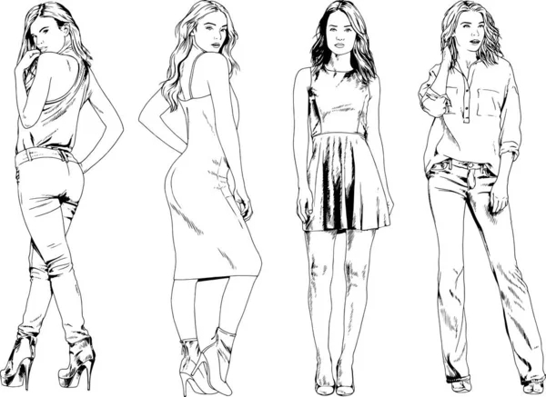 Dibujos Vectoriales Sobre Tema Hermosa Chica Deportiva Delgada Ropa Casual — Vector de stock