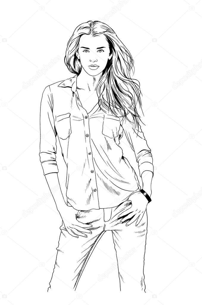 beautiful slim girl in casual clothes, drawn in ink by hand on a white background