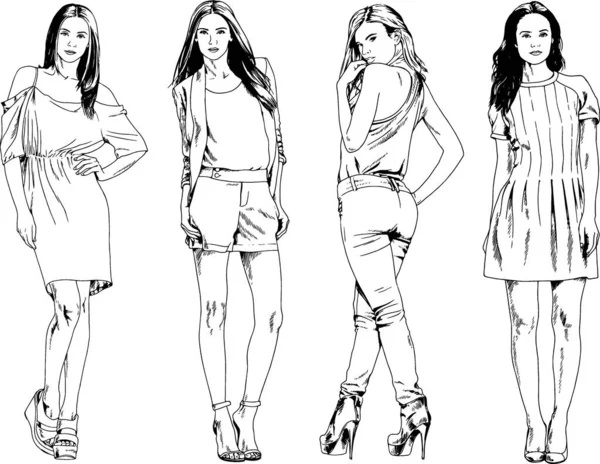 Desenhos Vetoriais Sobre Tema Menina Desportiva Magro Bonita Roupas Casuais — Vetor de Stock