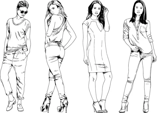 Desenhos Vetoriais Sobre Tema Menina Desportiva Magro Bonita Roupas Casuais — Vetor de Stock