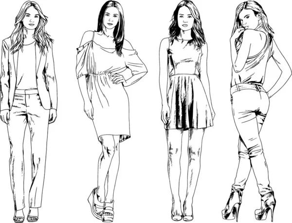 Desenhos Vetoriais Sobre Tema Menina Desportiva Magro Bonita Roupas Casuais — Vetor de Stock