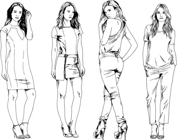 Dibujos Vectoriales Sobre Tema Hermosa Chica Deportiva Delgada Ropa Casual — Vector de stock