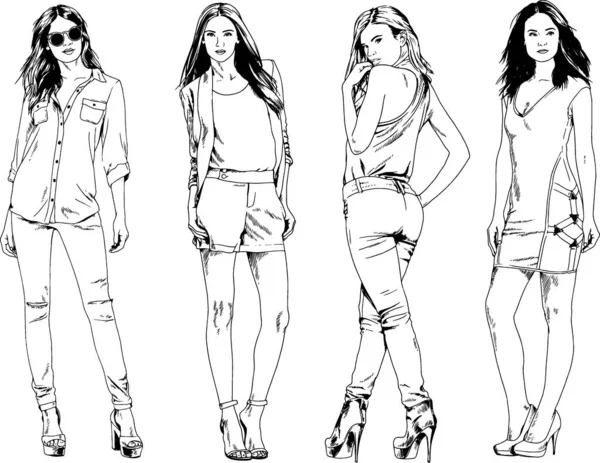 Dibujos Vectoriales Sobre Tema Hermosa Chica Deportiva Delgada Ropa Casual — Archivo Imágenes Vectoriales