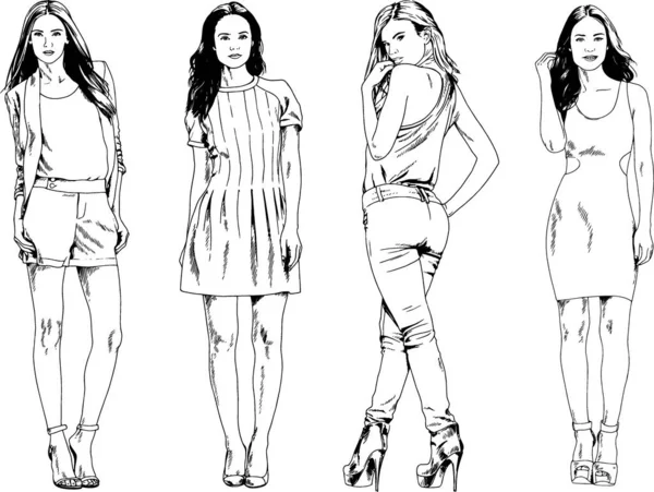 Desenhos Vetoriais Sobre Tema Menina Desportiva Magro Bonita Roupas Casuais — Vetor de Stock