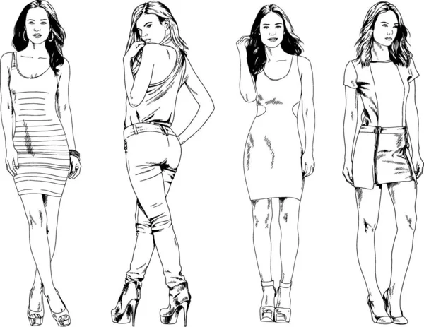 Dibujos Vectoriales Sobre Tema Hermosa Chica Deportiva Delgada Ropa Casual — Archivo Imágenes Vectoriales