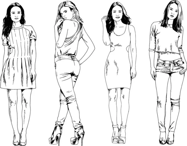 Dibujos Vectoriales Sobre Tema Hermosa Chica Deportiva Delgada Ropa Casual — Vector de stock