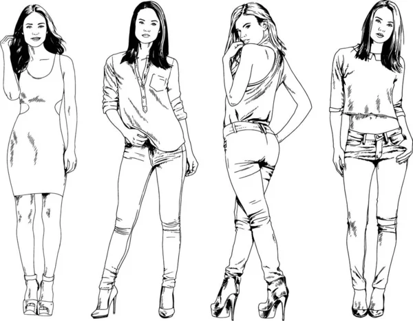 Dibujos Vectoriales Sobre Tema Hermosa Chica Deportiva Delgada Ropa Casual — Vector de stock