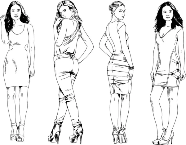 Çeşitli pozlarda gündelik giysiler içinde, arka plan olmadan boyanmış mürekkepli el çizimi yapan güzel, ince, sportif kız teması üzerine vektör çizimleri.