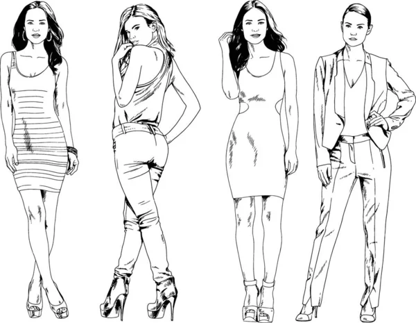 Dibujos Vectoriales Sobre Tema Hermosa Chica Deportiva Delgada Ropa Casual — Vector de stock