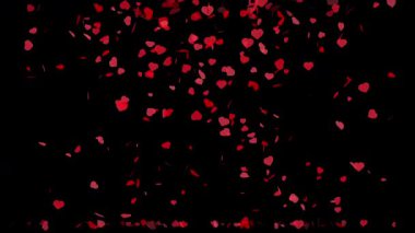 Sevgililer günü için siyah bir arkaplanda akan güzel kırmızı kalp parçacıkları. Sevgililer günü aşk animasyonu videosu. Romantik ve güzel düzenlemeler için parlayan küçük kalpler..