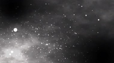 Siyah arkaplandaki güzel soyut beyaz dumanlı parçacıklar. Arka plan için iki taraftan gelen yuvarlak AVM parçacıkları. Ekran boyunca parlayan parçacıkların sakin arka plan videosu..