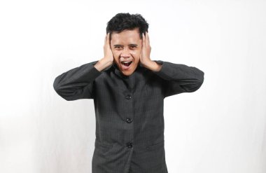 İş Asyalı Adam İfadesi Kulakları Kaplıyor Stresli Duyuru Durumu