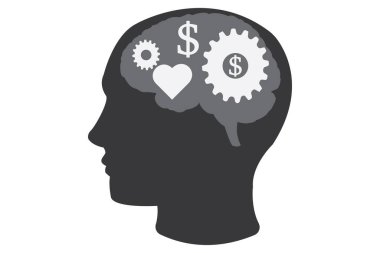 İnsan kafasının profilini, beyninin içinde çarklar, kalp ve dolar işaretleriyle gösteriyor.