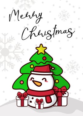 Tatlı Kawaii Kardan Adam Noel Ağacı Altında Tatil kartı Vecto